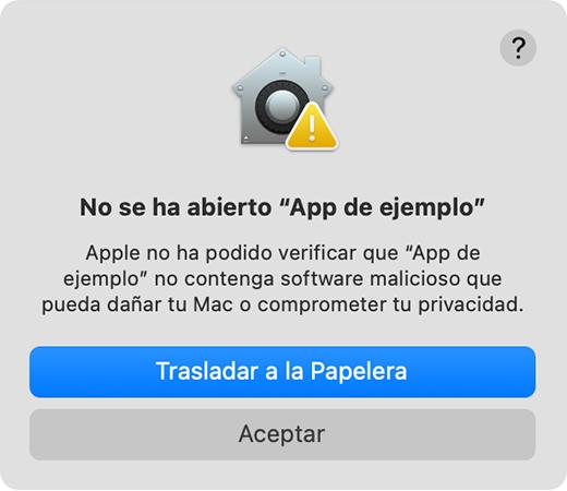 Diálogo de seguridad de macOS Gatekeeper — Apple no pudo verificar que la app no contiene software malicioso