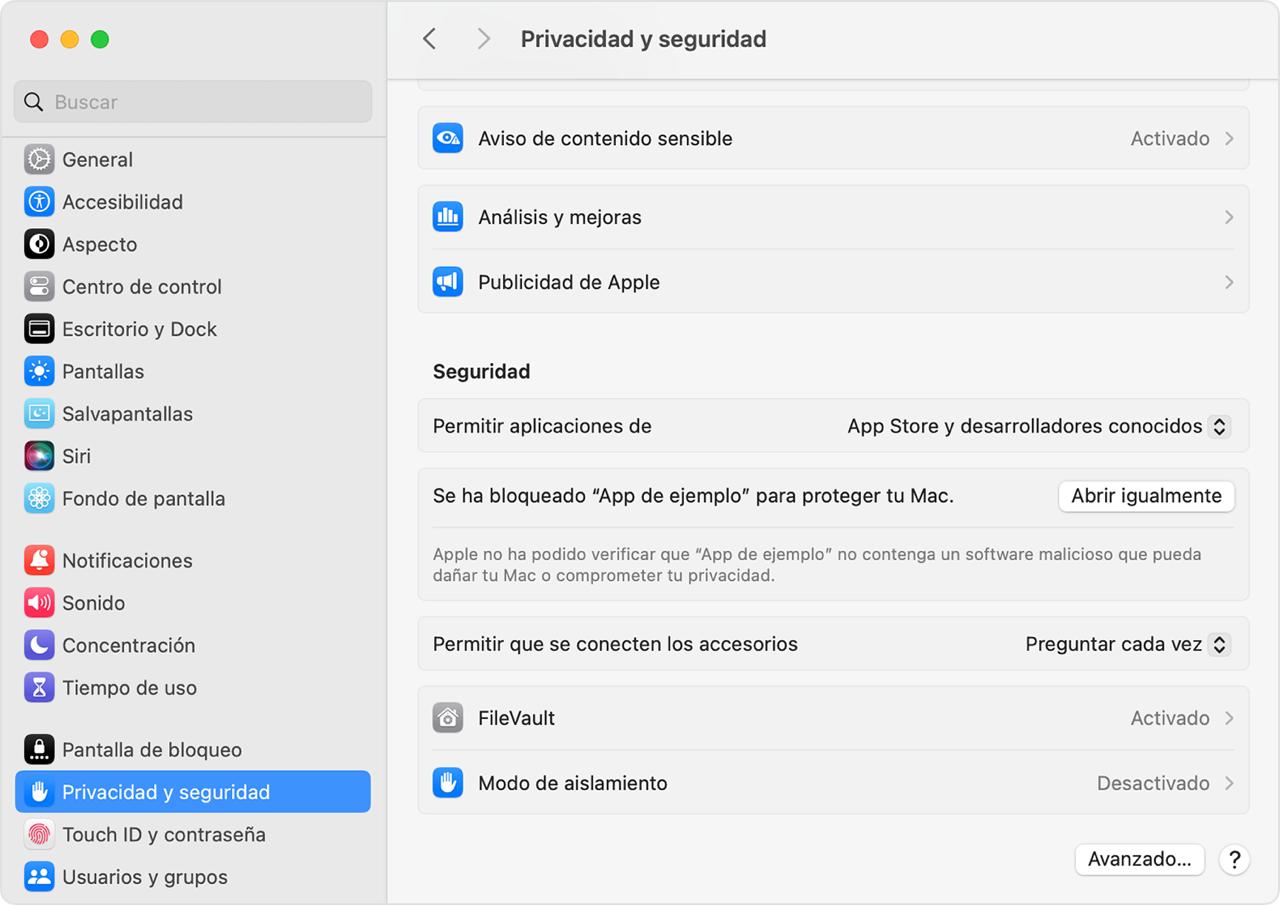 Pantalla de Privacy & Security en macOS mostrando el mensaje de bloqueo y botón Abrir de todos modos